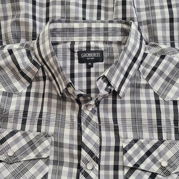 Gioberti Men's Short Sleeve Pearl Snap Shirt Black Gray White Plaid XL - Picture 4 of 7